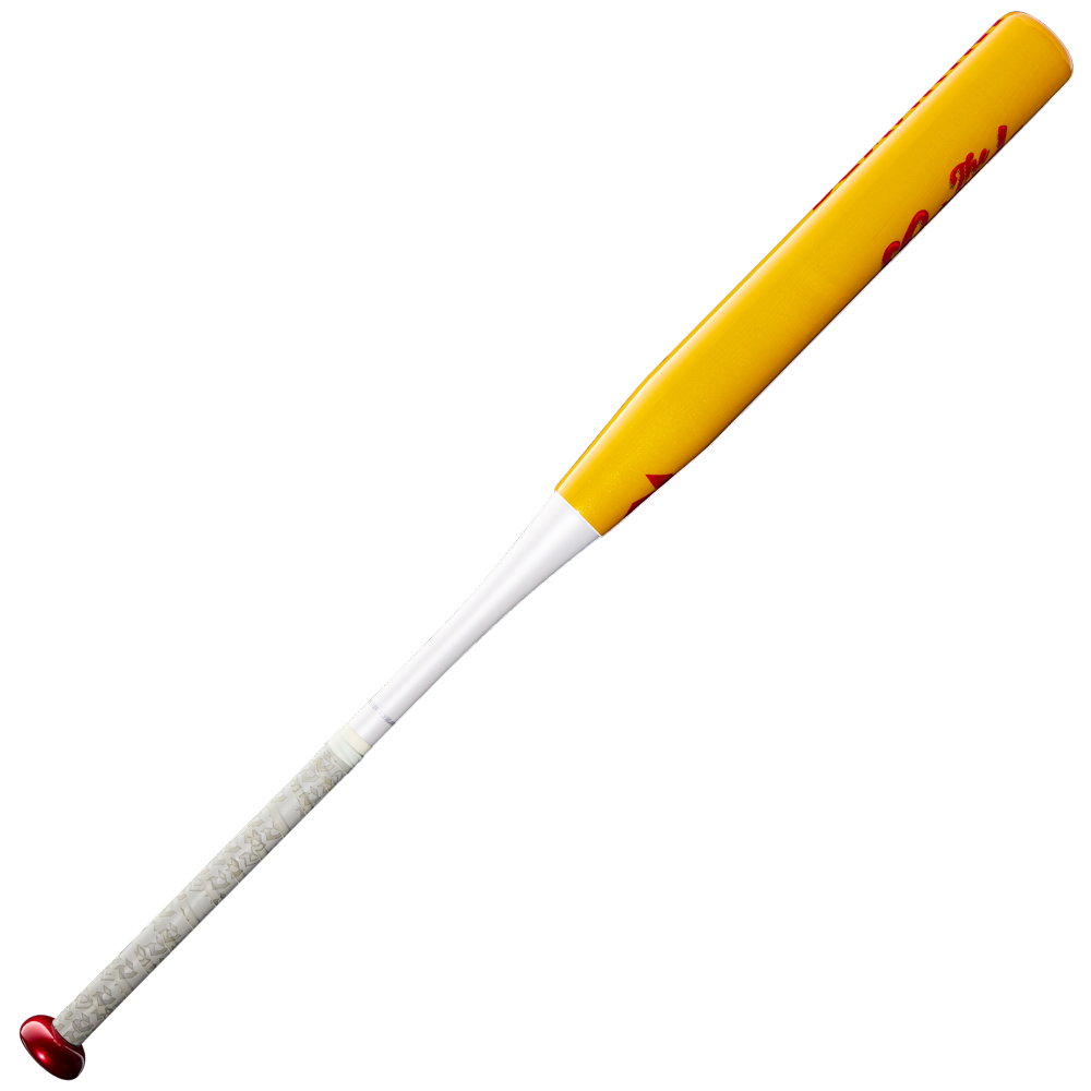 The DeMarini Corndog Wood Composite All Association Slowpitch Softball Bat (WBD2699010) by DeMarini features a yellow design with a Pro Maple barrel, red end cap and knob, and a white handle wrapped in gray grip tape. This wood composite slowpitch softball bat is displayed against a plain white background.