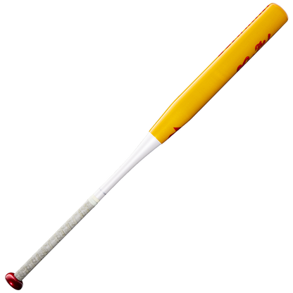 The DeMarini Corndog Wood Composite All Association Slowpitch Softball Bat (WBD2699010) by DeMarini features a yellow design with a Pro Maple barrel, red end cap and knob, and a white handle wrapped in gray grip tape. This wood composite slowpitch softball bat is displayed against a plain white background.