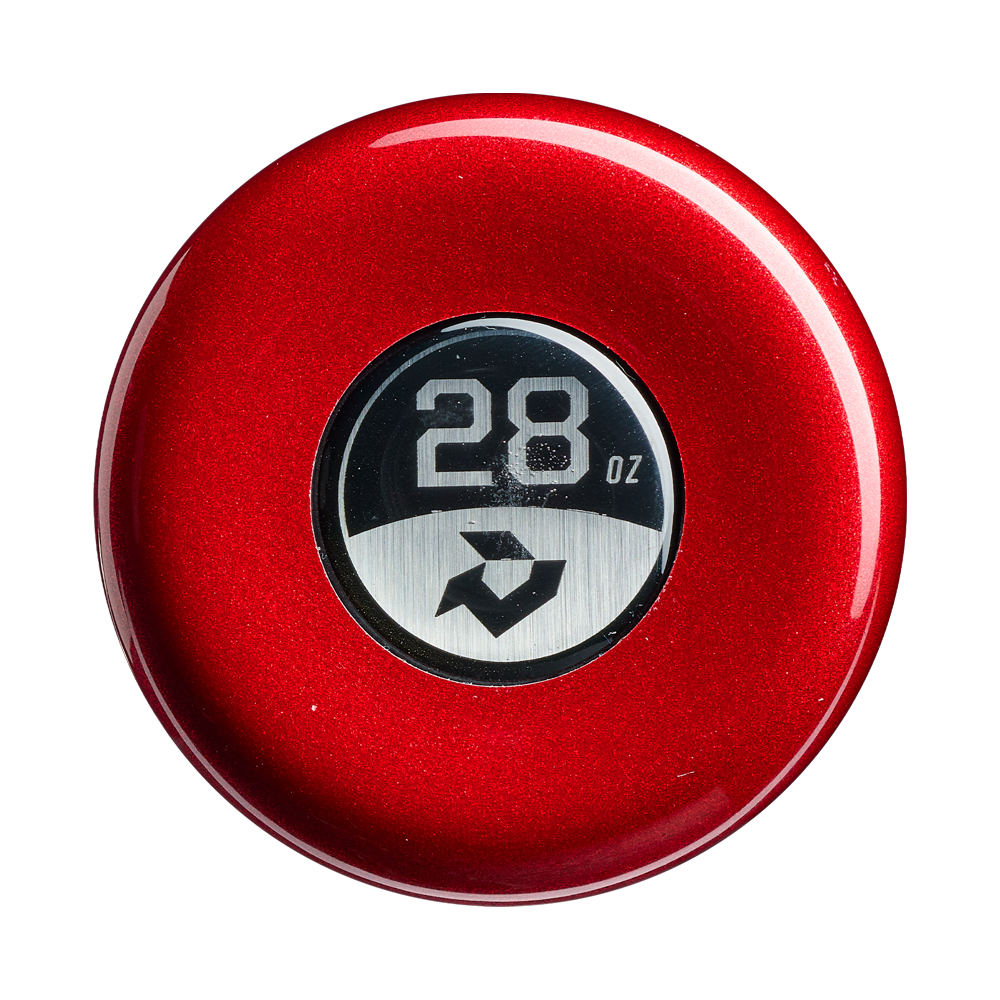 A glossy red circular device with a central digital display reading 28 OZ and a small arrow icon beneath it—ideal for monitoring your DeMarini Corndog Wood Composite All Association Slowpitch Softball Bat (WBD2699010) performance or confirming your Pro Maple barrel meets precise standards.