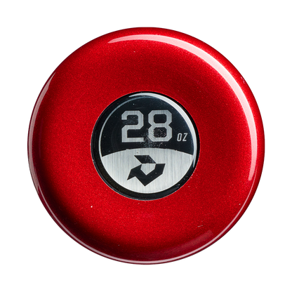 A glossy red circular device with a central digital display reading 28 OZ and a small arrow icon beneath it—ideal for monitoring your DeMarini Corndog Wood Composite All Association Slowpitch Softball Bat (WBD2699010) performance or confirming your Pro Maple barrel meets precise standards.