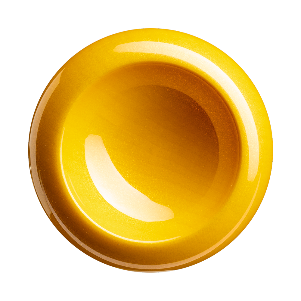 A round, glossy yellow plate viewed from above, set against a plain white background—its smooth finish reminiscent of the polished surface of a DeMarini Corndog Wood Composite Slowpitch Softball Bat.