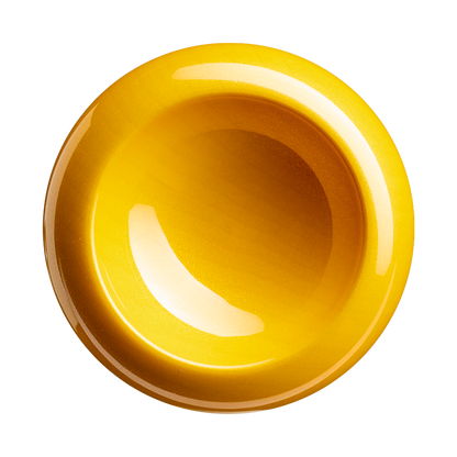 A round, glossy yellow plate viewed from above, set against a plain white background—its smooth finish reminiscent of the polished surface of a DeMarini Corndog Wood Composite Slowpitch Softball Bat.