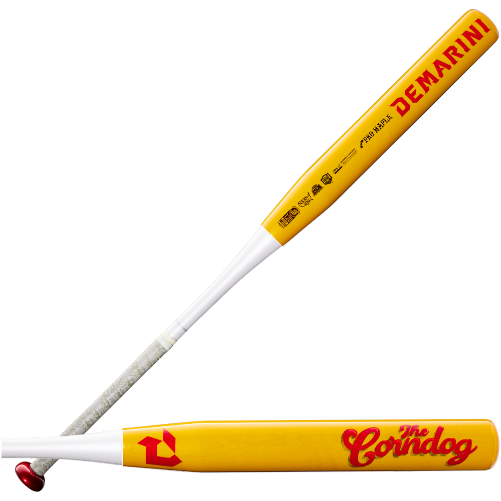 Two yellow and white DeMarini slowpitch softball bats feature bold red text—one displaying the DeMarini name on the barrel, while the other showcases The Corndog logo. Both bats have a Pro Maple barrel construction, striking red accents, and a white handle wrapped with grip tape. The DeMarini Corndog Wood Composite All Association Slowpitch Softball Bat (WBD2699010) offers premium durability and high performance for your next game.