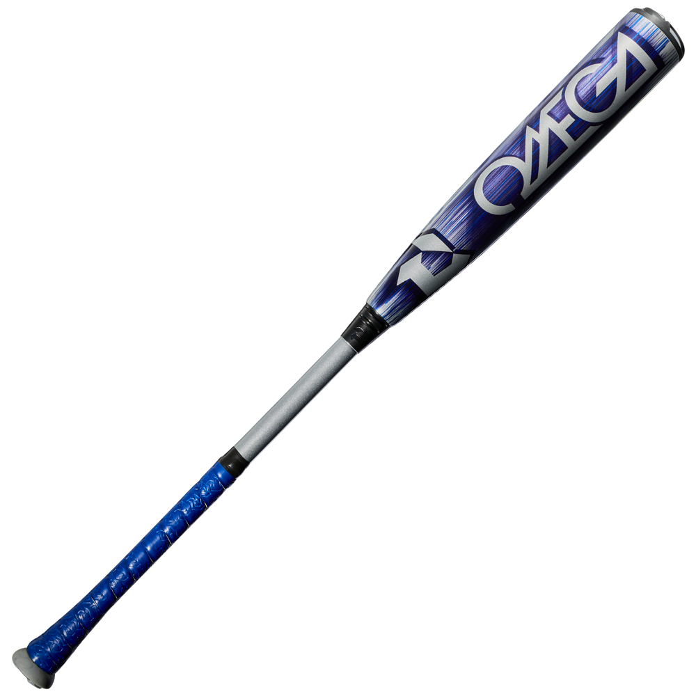 The 2027 DeMarini Omega (-3) BBCOR Baseball Bat: WBD2702010 features OMEGA in bold white letters on its blue and silver X14 Alloy Barrel and a textured blue grip, making it perfect for contact hitters.