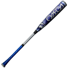 The 2027 DeMarini Omega (-3) BBCOR Baseball Bat: WBD2702010 features OMEGA in bold white letters on its blue and silver X14 Alloy Barrel and a textured blue grip, making it perfect for contact hitters.