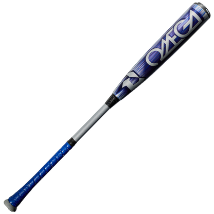 The 2027 DeMarini Omega (-3) BBCOR Baseball Bat: WBD2702010 features OMEGA in bold white letters on its blue and silver X14 Alloy Barrel and a textured blue grip, making it perfect for contact hitters.