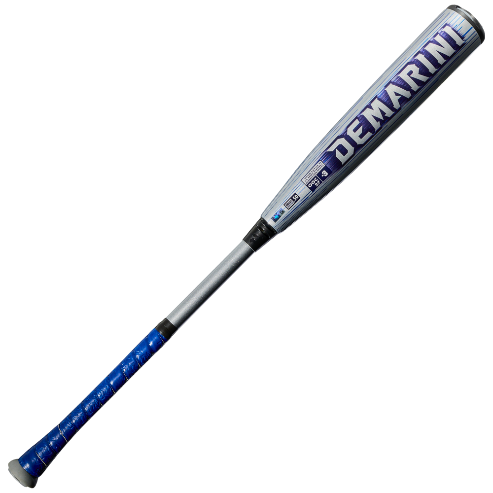 The 2027 DeMarini Omega (-3) BBCOR Baseball Bat (WBD2702010) features a silver and blue design with a blue grip, DeMarini branding in large purple letters on the X14 Alloy Barrel—ideal for contact hitters who value performance and style.