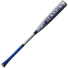 The 2027 DeMarini Omega (-3) BBCOR Baseball Bat (WBD2702010) features a silver and blue design with a blue grip, DeMarini branding in large purple letters on the X14 Alloy Barrel—ideal for contact hitters who value performance and style.