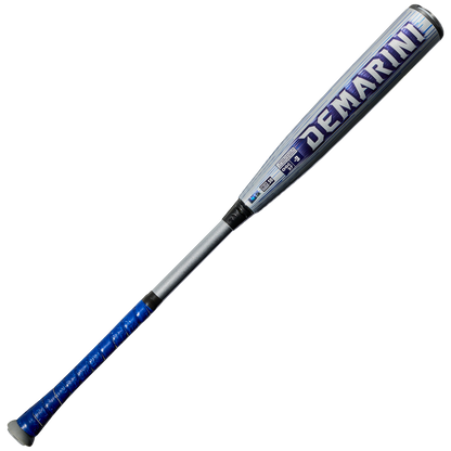 The 2027 DeMarini Omega (-3) BBCOR Baseball Bat (WBD2702010) features a silver and blue design with a blue grip, DeMarini branding in large purple letters on the X14 Alloy Barrel—ideal for contact hitters who value performance and style.