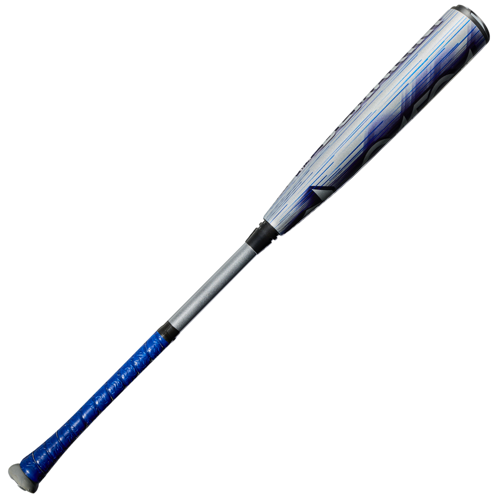 The 2027 DeMarini Omega (-3) BBCOR Baseball Bat (WBD2702010) by DeMarini features a blue grip, silver X14 Alloy Barrel with blue and red accents—ideal for contact hitters, pictured on a plain white background.