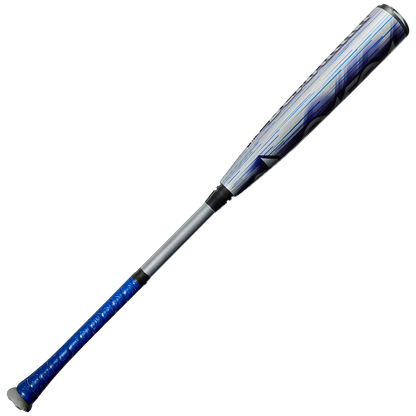 The 2027 DeMarini Omega (-3) BBCOR Baseball Bat (WBD2702010) by DeMarini features a blue grip, silver X14 Alloy Barrel with blue and red accents—ideal for contact hitters, pictured on a plain white background.