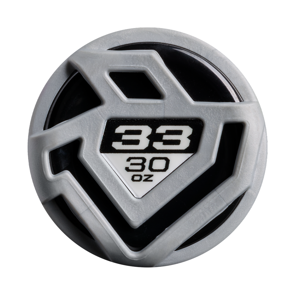Black and gray plastic lid with geometric design, inspired by the 2027 DeMarini Omega (-3) BBCOR Baseball Bat from DeMarini. Features large white "33" above "30 oz" in smaller text on a bold black background.