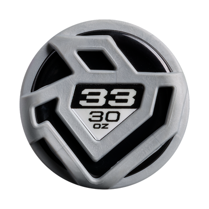 Black and gray plastic lid with geometric design, inspired by the 2027 DeMarini Omega (-3) BBCOR Baseball Bat from DeMarini. Features large white "33" above "30 oz" in smaller text on a bold black background.