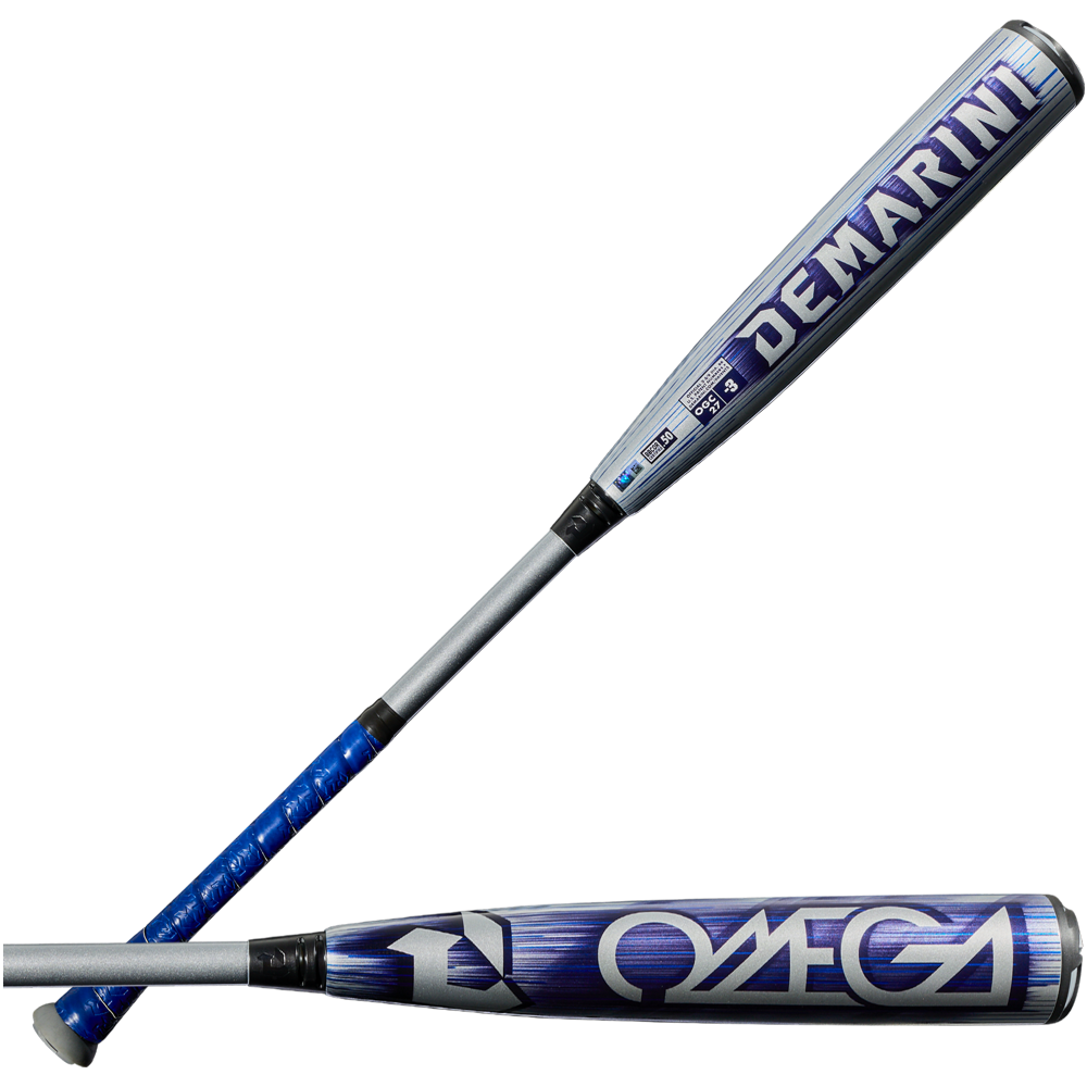 Two blue and silver 2027 DeMarini Omega (-3) BBCOR bats (WBD2702010) are shown, one with the DeMarini logo and the other "OMEGA." Both feature X14 Alloy Barrels, blue grips, and a metallic finish—great for contact hitters seeking performance.