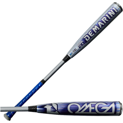 Two blue and silver 2027 DeMarini Omega (-3) BBCOR bats (WBD2702010) are shown, one with the DeMarini logo and the other "OMEGA." Both feature X14 Alloy Barrels, blue grips, and a metallic finish—great for contact hitters seeking performance.