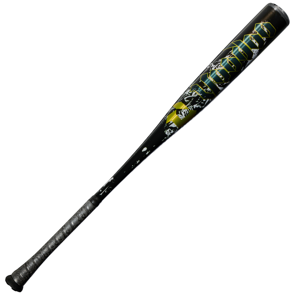 The 2027 DeMarini Voodoo One (-3) BBCOR Baseball Bat (WBD2705010) from DeMarini features bold yellow and blue graphics, “MAMMOTH” lettering, a textured handle grip, and an X14 Alloy Barrel for powerful hits.