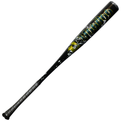 The 2027 DeMarini Voodoo One (-3) BBCOR Baseball Bat (WBD2705010) from DeMarini features bold yellow and blue graphics, “MAMMOTH” lettering, a textured handle grip, and an X14 Alloy Barrel for powerful hits.