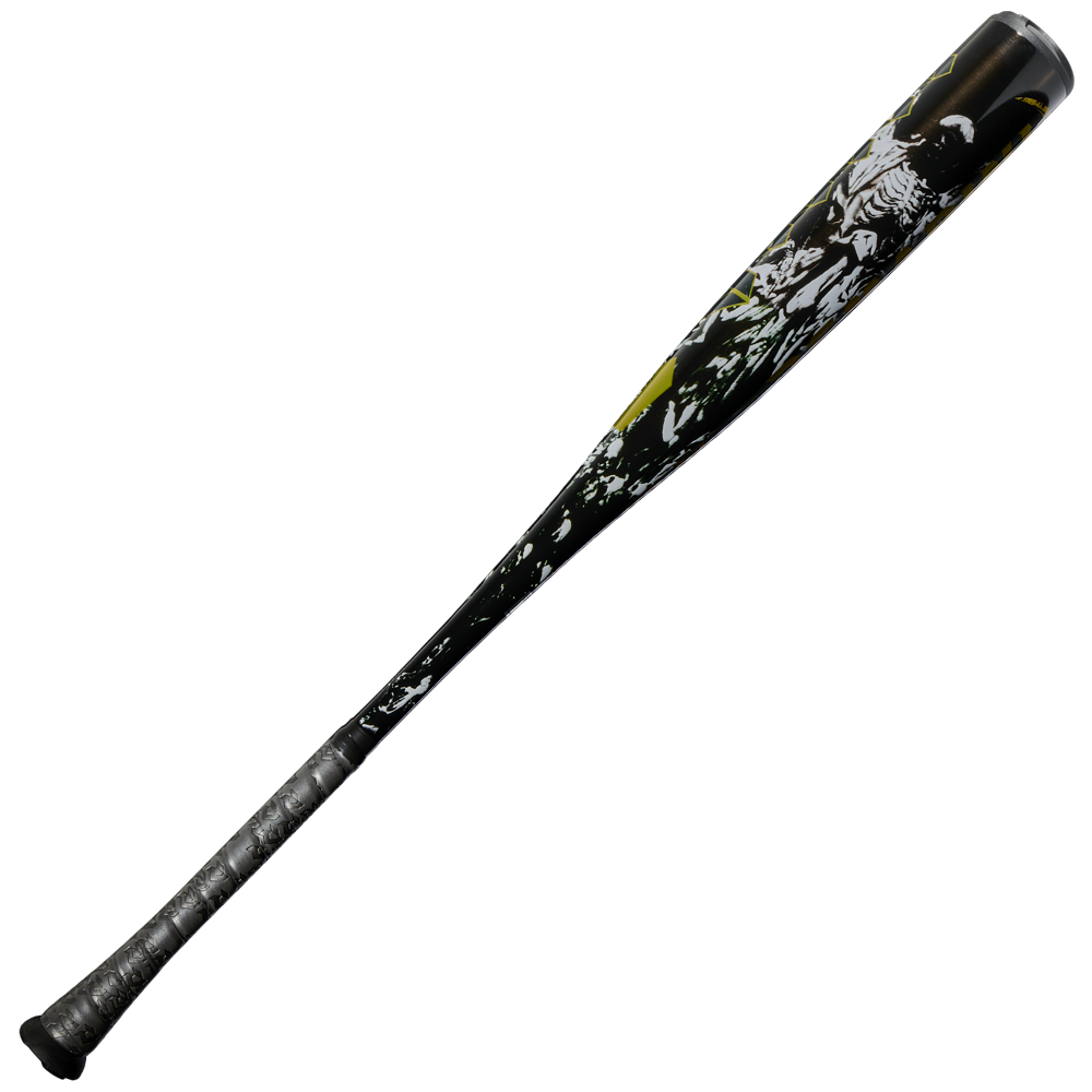 The 2027 DeMarini Voodoo One (-3) BBCOR Baseball Bat (WBD2705010) features a black X14 Alloy Barrel with white and yellow abstract designs and a silver grip, shown against a plain white background.