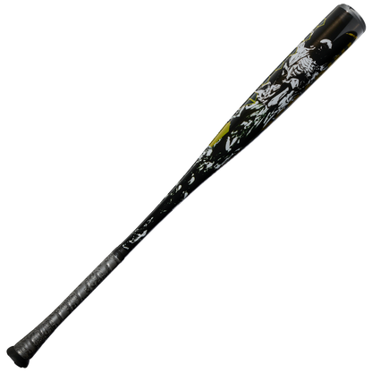 The 2027 DeMarini Voodoo One (-3) BBCOR Baseball Bat (WBD2705010) features a black X14 Alloy Barrel with white and yellow abstract designs and a silver grip, shown against a plain white background.