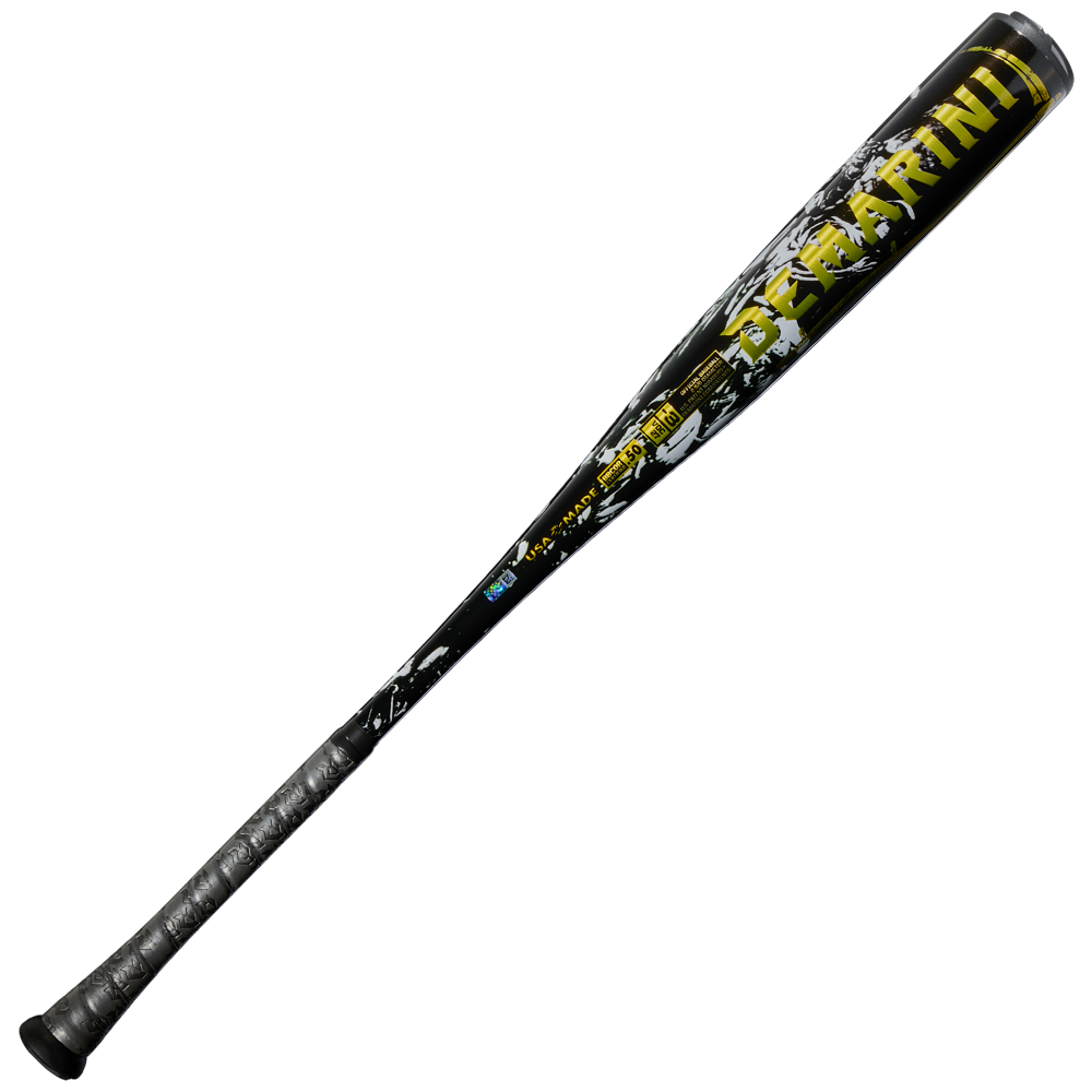 A black and gray DeMarini 2027 Voodoo One (-3) BBCOR Baseball Bat (WBD2705010) with yellow graphics and X14 Alloy Barrel for enhanced performance, shown on a white background.