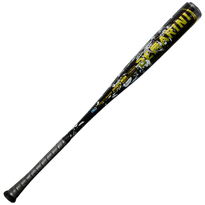 A black and gray DeMarini 2027 Voodoo One (-3) BBCOR Baseball Bat (WBD2705010) with yellow graphics and X14 Alloy Barrel for enhanced performance, shown on a white background.