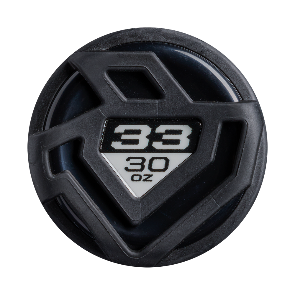 A close-up of a black end cap with angular ridges on the 2027 DeMarini Voodoo One (-3) BBCOR Baseball Bat (WBD2705010) shows “32 30 oz” in white text on its label, against a white background.
