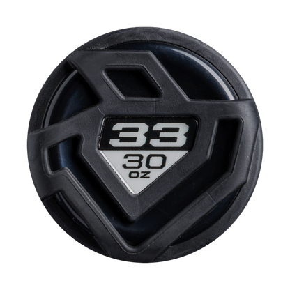 A close-up of a black end cap with angular ridges on the 2027 DeMarini Voodoo One (-3) BBCOR Baseball Bat (WBD2705010) shows “32 30 oz” in white text on its label, against a white background.