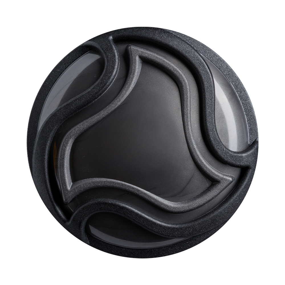 A round, black object with a matte finish features raised, wavy lines and geometric shapes—its modern, abstract design is inspired by the DeMarini Voodoo One (-3) BBCOR Baseball Bat: WBD2705010 from DeMarini.