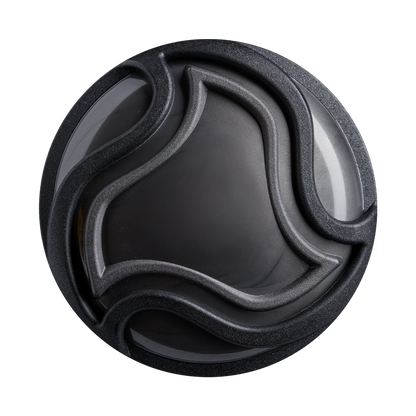 A round, black object with a matte finish features raised, wavy lines and geometric shapes—its modern, abstract design is inspired by the DeMarini Voodoo One (-3) BBCOR Baseball Bat: WBD2705010 from DeMarini.