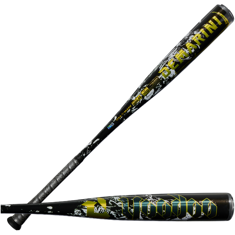 Two black DeMarini Voodoo One (-3) BBCOR Baseball Bats (WBD2705010) feature bold yellow VOODOO or DEMARINI graphics, abstract white and gray patterns, and an X14 Alloy Barrel design.