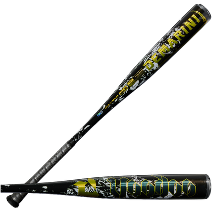Two black DeMarini Voodoo One (-3) BBCOR Baseball Bats (WBD2705010) feature bold yellow VOODOO or DEMARINI graphics, abstract white and gray patterns, and an X14 Alloy Barrel design.