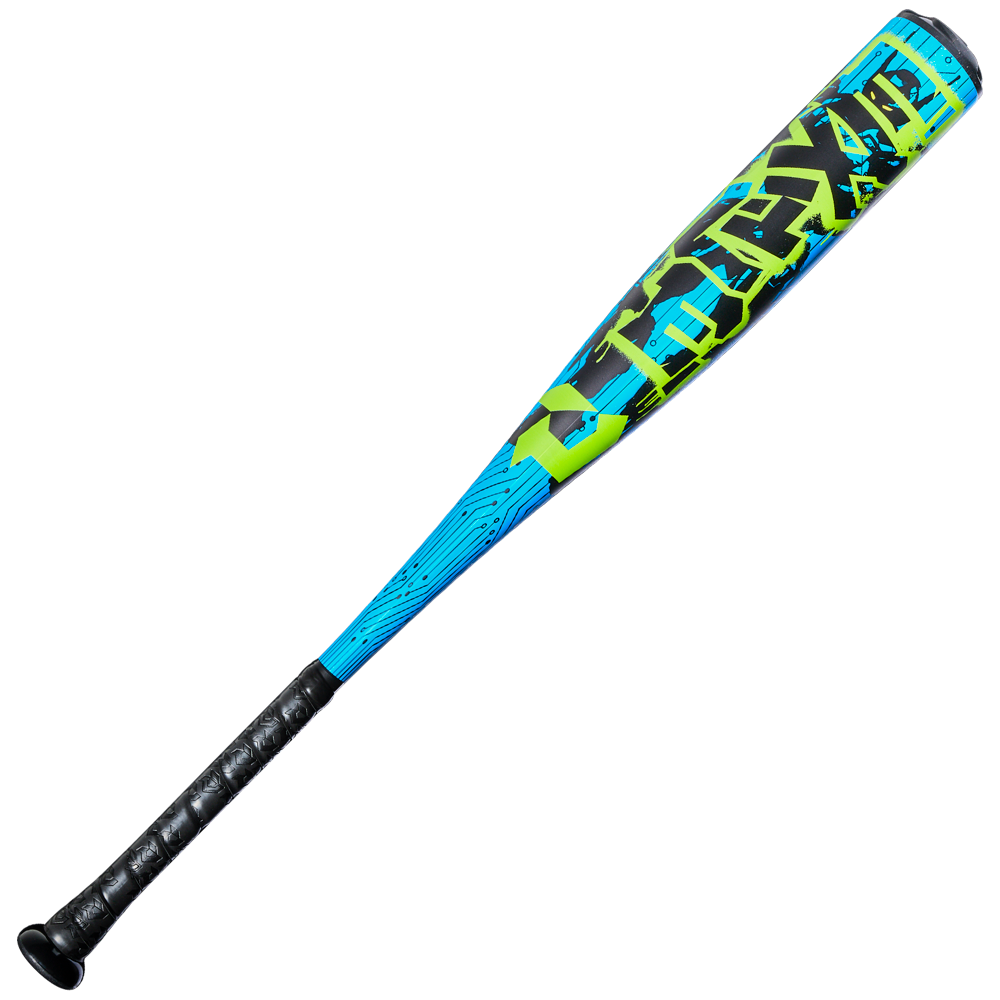 The 2027 DeMarini Exile (-10) 2 3/4" USSSA Baseball Bat (WBD2714010) features bold neon green and black graphics and a textured black grip handle, shown on a plain white background.