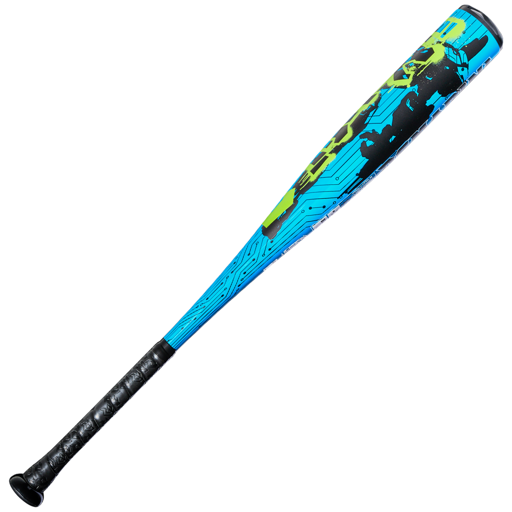 The 2027 DeMarini Exile (-10) 2 3/4" USSSA Baseball Bat (WBD2714010) features a black handle, bright blue barrel, and green-black circuit-inspired graphics on white. Made with durable X14 Alloy for standout performance.
