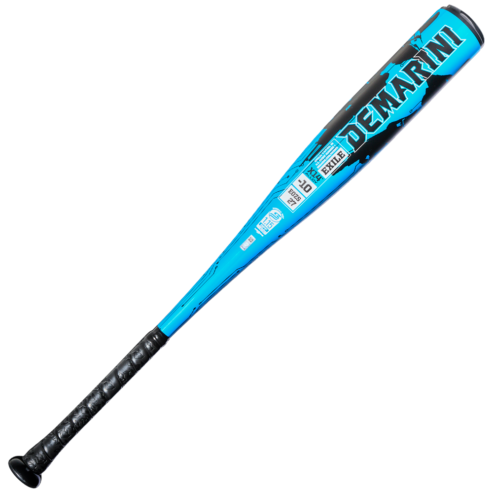 The 2027 DeMarini Exile (-10) 2 3/4" USSSA Baseball Bat (WBD2714010) features blue and black colors, a black grip handle, X14 Alloy construction, branded logos on the barrel, and is shown on a white background.