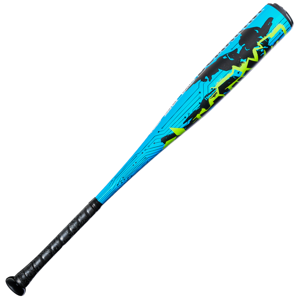 The 2027 DeMarini Exile (-10) 2 3/4" USSSA Baseball Bat (WBD2714010) features a black handle, bright blue barrel with black silhouettes and green-yellow graphics, and is crafted from durable X14 Alloy for USSSA play.