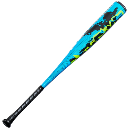 The 2027 DeMarini Exile (-10) 2 3/4" USSSA Baseball Bat (WBD2714010) features a black handle, bright blue barrel with black silhouettes and green-yellow graphics, and is crafted from durable X14 Alloy for USSSA play.