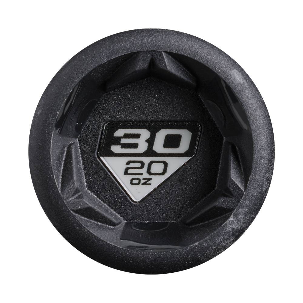 Close-up of a black plastic lid with a white label inside showing 30 over 20 oz, similar to how the DeMarini 2027 Exile (-10) USSSA Baseball Bat marks its size on the 2 3/4" barrel.
