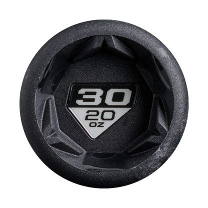 Close-up of a black plastic lid with a white label inside showing 30 over 20 oz, similar to how the DeMarini 2027 Exile (-10) USSSA Baseball Bat marks its size on the 2 3/4" barrel.