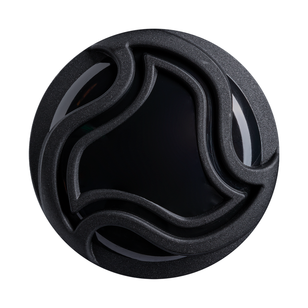 A round, black object with a glossy center and raised, wavy lines on its surface, echoing the textured grip of the DeMarini 2027 Exile (-10) 2 3/4" USSSA Baseball Bat: WBD2714010, is set against a plain white background.