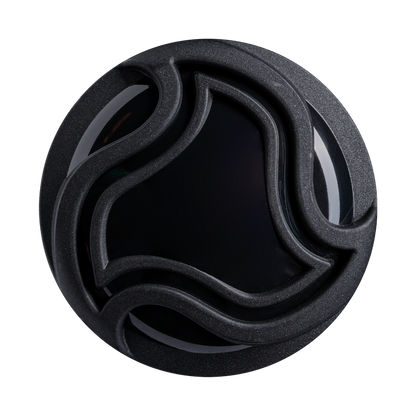 A round, black object with a glossy center and raised, wavy lines on its surface, echoing the textured grip of the DeMarini 2027 Exile (-10) 2 3/4" USSSA Baseball Bat: WBD2714010, is set against a plain white background.