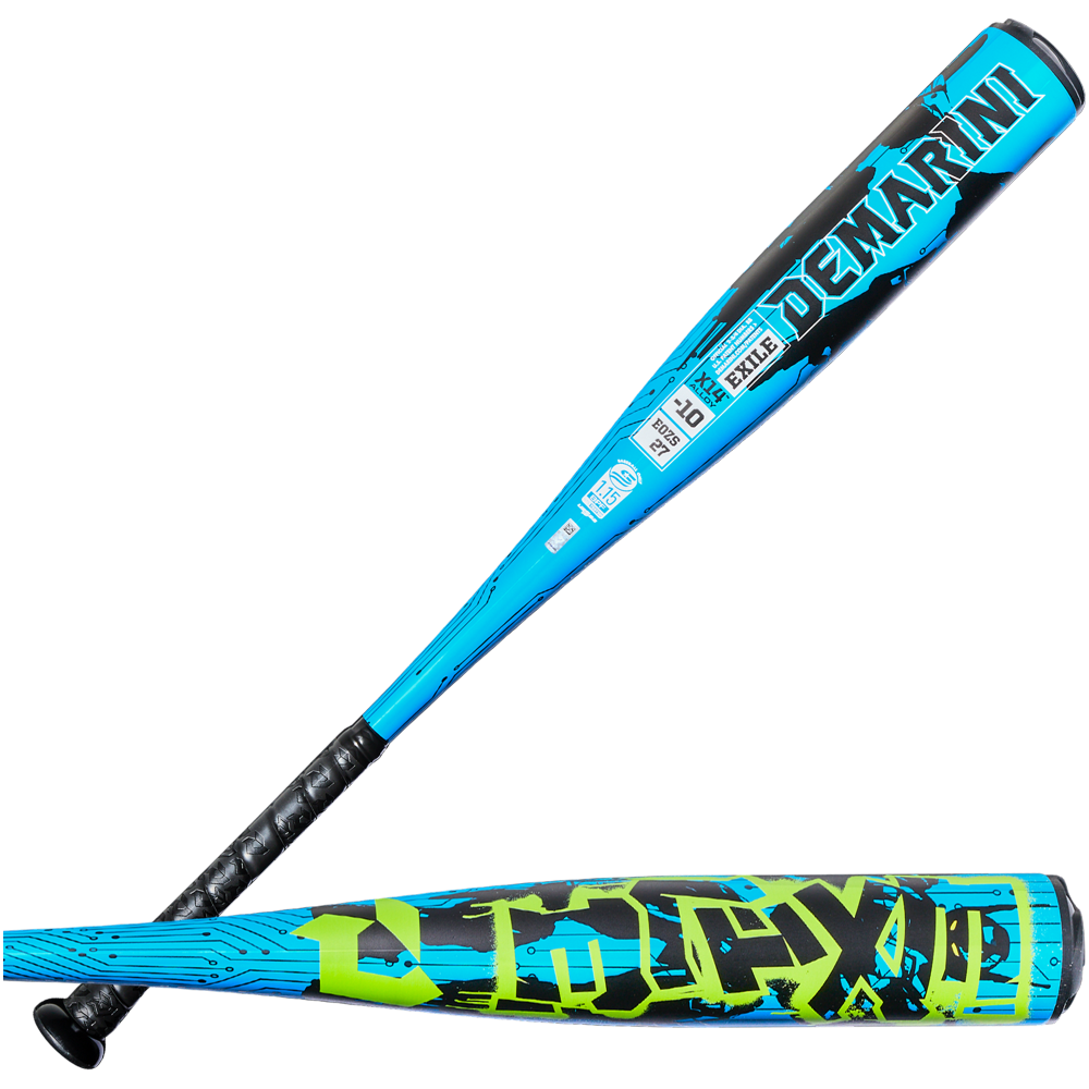 Two views of the 2027 DeMarini Exile (-10) 2 3/4" USSSA Baseball Bat: one side displays the blue and black DeMarini branding and specs, while the other shows a bold blue and neon yellow VOODOO X14 Alloy barrel design.