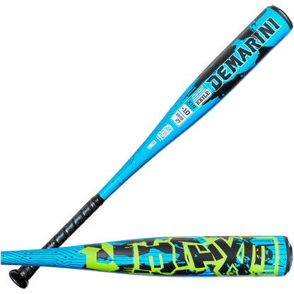 Two views of the 2027 DeMarini Exile (-10) 2 3/4" USSSA Baseball Bat: one side displays the blue and black DeMarini branding and specs, while the other shows a bold blue and neon yellow VOODOO X14 Alloy barrel design.