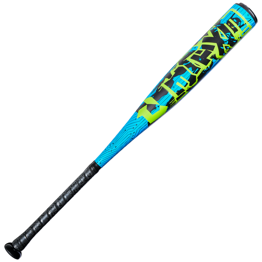 The 2027 DeMarini Exile (-8) 2 3/4" USSSA Baseball Bat (WBD2715010) features blue and green colors, black geometric patterns, X14 Alloy construction, and a textured black grip on the handle, shown on a white background.