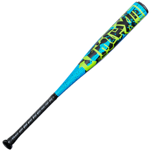 The 2027 DeMarini Exile (-8) 2 3/4" USSSA Baseball Bat (WBD2715010) features blue and green colors, black geometric patterns, X14 Alloy construction, and a textured black grip on the handle, shown on a white background.