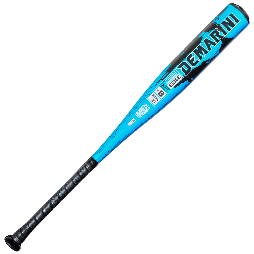 A blue and black 2027 DeMarini Exile (-8) 2 3/4" USSSA Baseball Bat (WBD2715010) with a black grip and bold DeMarini branding, shown on a white background.