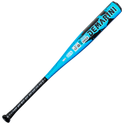 A blue and black 2027 DeMarini Exile (-8) 2 3/4" USSSA Baseball Bat (WBD2715010) with a black grip and bold DeMarini branding, shown on a white background.