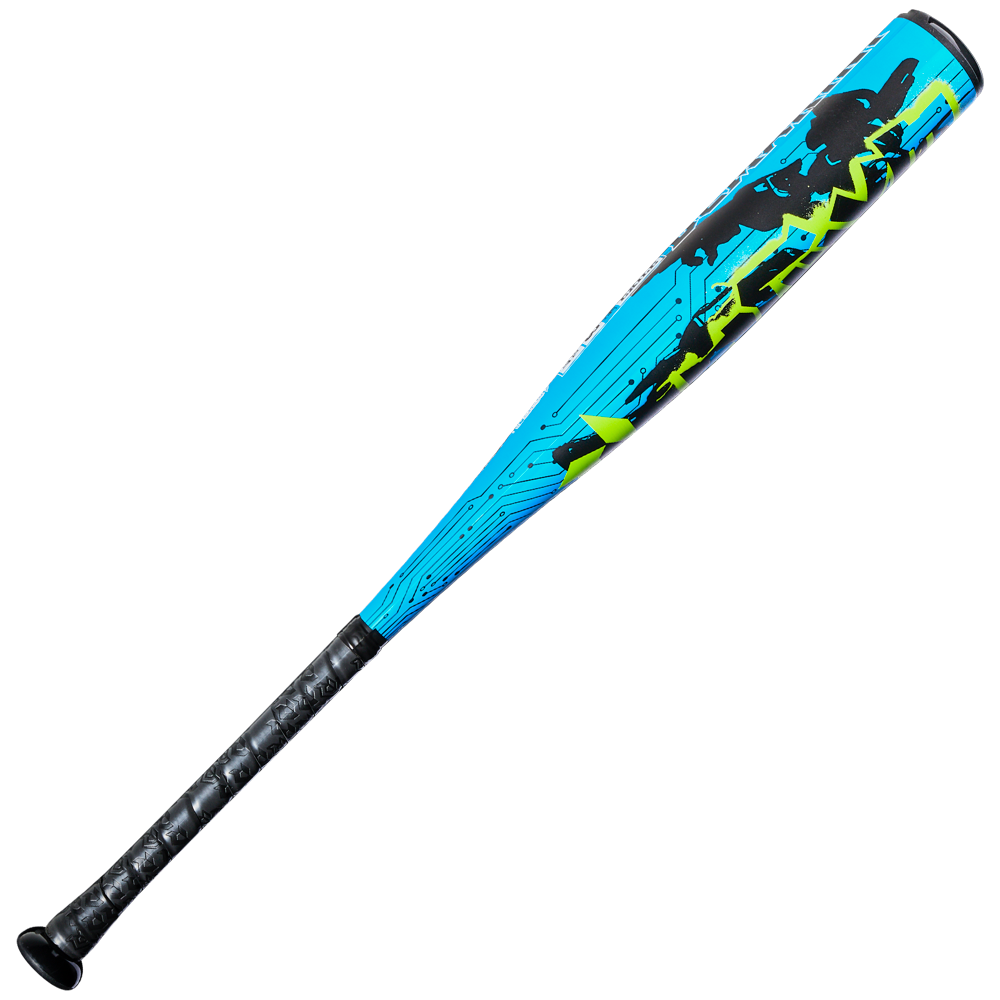 The DeMarini 2027 Exile (-8) USSSA Baseball Bat (WBD2715010) features a black handle, bright blue 2 ¾” barrel, X14 Alloy construction, and a circuit board pattern with bold black and neon yellow graphics.