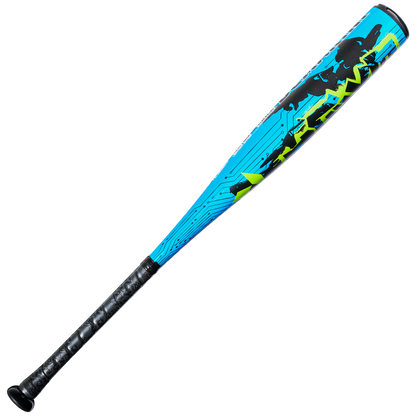 The DeMarini 2027 Exile (-8) USSSA Baseball Bat (WBD2715010) features a black handle, bright blue 2 ¾” barrel, X14 Alloy construction, and a circuit board pattern with bold black and neon yellow graphics.