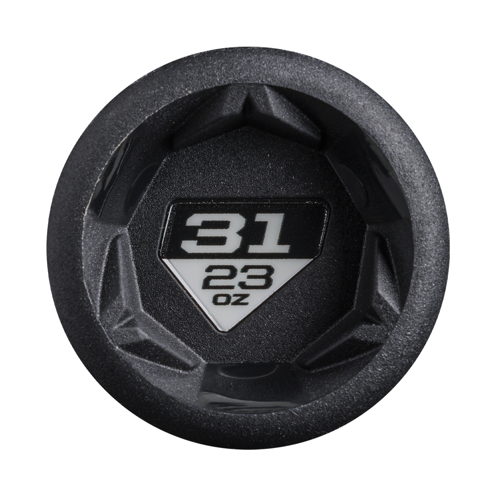 Close-up of a black circular knob with a white triangular label showing 31 above 23 oz in bold, for the DeMarini 2027 Exile (-8) 2 3/4" USSSA Baseball Bat (WBD2715010).
