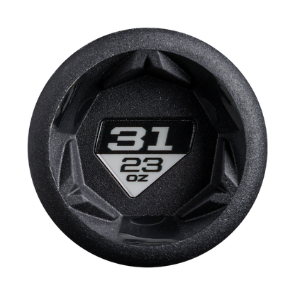Close-up of a black circular knob with a white triangular label showing 31 above 23 oz in bold, for the DeMarini 2027 Exile (-8) 2 3/4" USSSA Baseball Bat (WBD2715010).